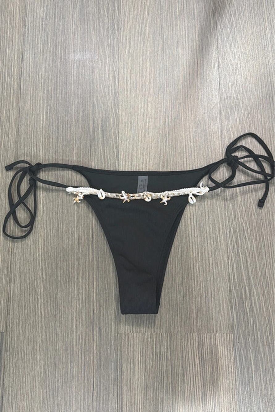 Black ribbed side-tie bikini bottoms with shell & starfish charm chain, size XL